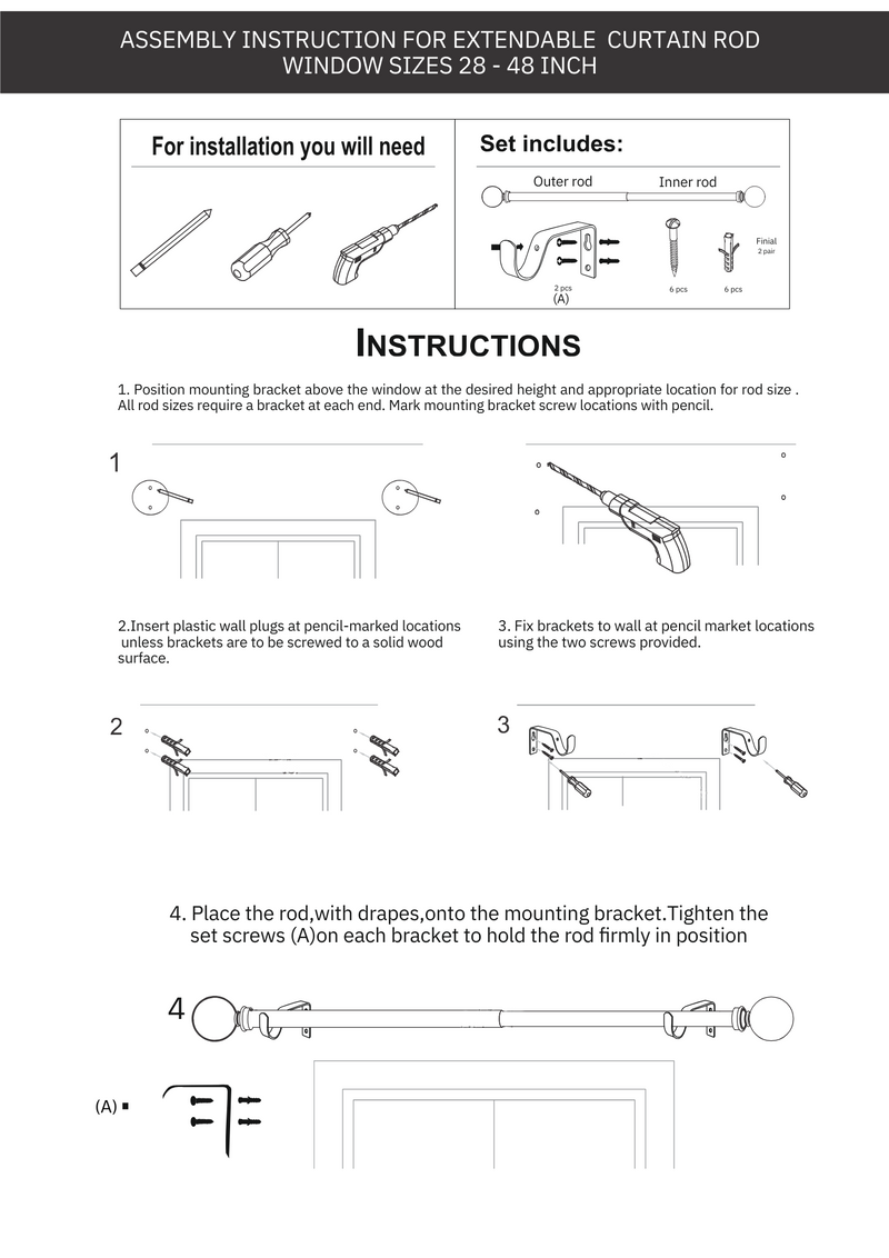 SS Cylinder Finial Extendable Curtain Rod SS 19MM (Hardware Included)