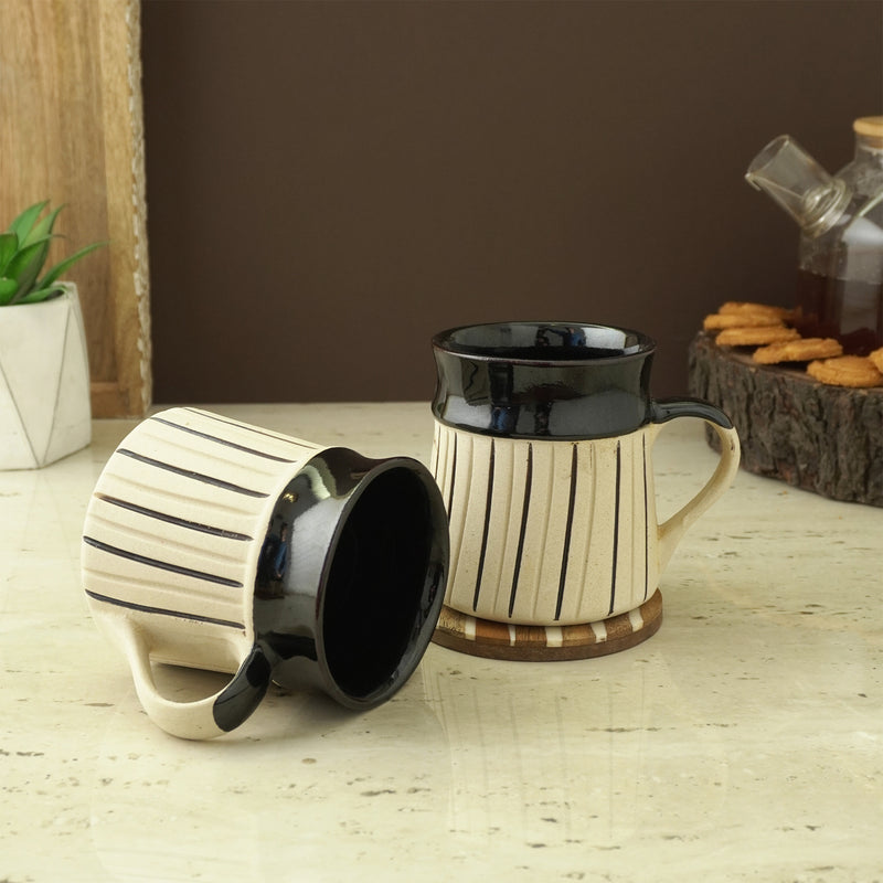 Black Striped Large Ceramic Mug- Set of 2 (Black)