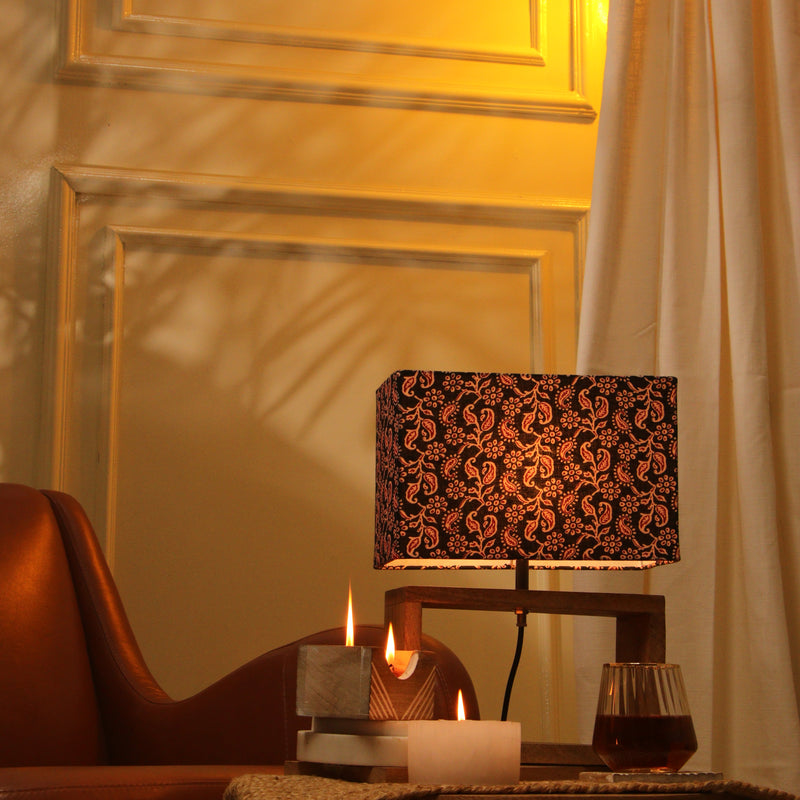 Brown Cuboid Lamp With Traditional Black Shade