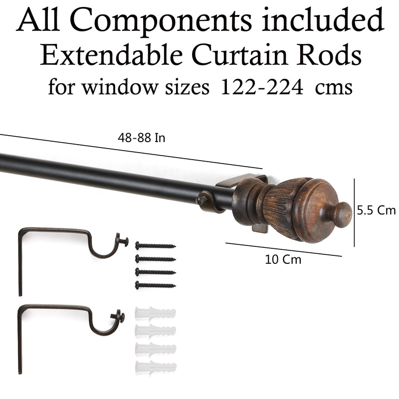 Carved Brown Wood Finial Extendable Curtain Rod Black 19MM (Hardware Included)