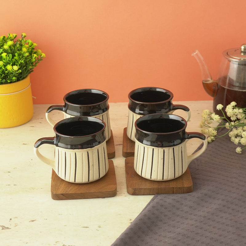 Black Striped Big Ceramic Cups- Set of 2 (Black)