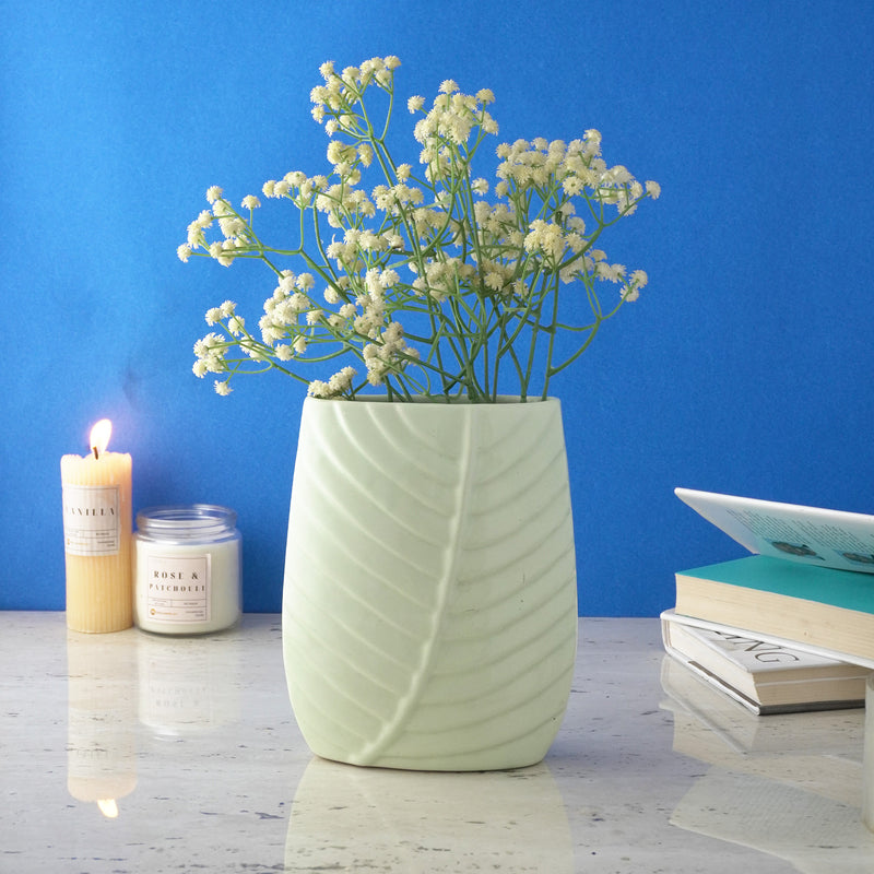 Leaf Imprint Ceramic Vase- White