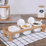 3 Pcs Ceramic Condiment Dip Sauce Ramekins Set with Lids & Spoons on Bamboo Sampler Serving Tray