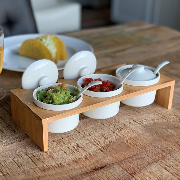 3 Pcs Ceramic Condiment Dip Sauce Ramekins Set with Lids & Spoons on Bamboo Sampler Serving Tray