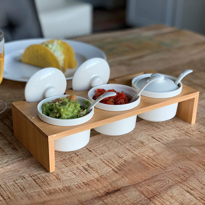 3 Pcs Ceramic Condiment Dip Sauce Ramekins Set with Lids & Spoons on Bamboo Sampler Serving Tray