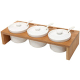 3 Pcs Ceramic Condiment Dip Sauce Ramekins Set with Lids & Spoons on Bamboo Sampler Serving Tray