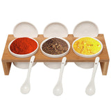 3 Pcs Ceramic Condiment Dip Sauce Ramekins Set with Lids & Spoons on Bamboo Sampler Serving Tray