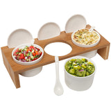 3 Pcs Ceramic Condiment Dip Sauce Ramekins Set with Lids & Spoons on Bamboo Sampler Serving Tray