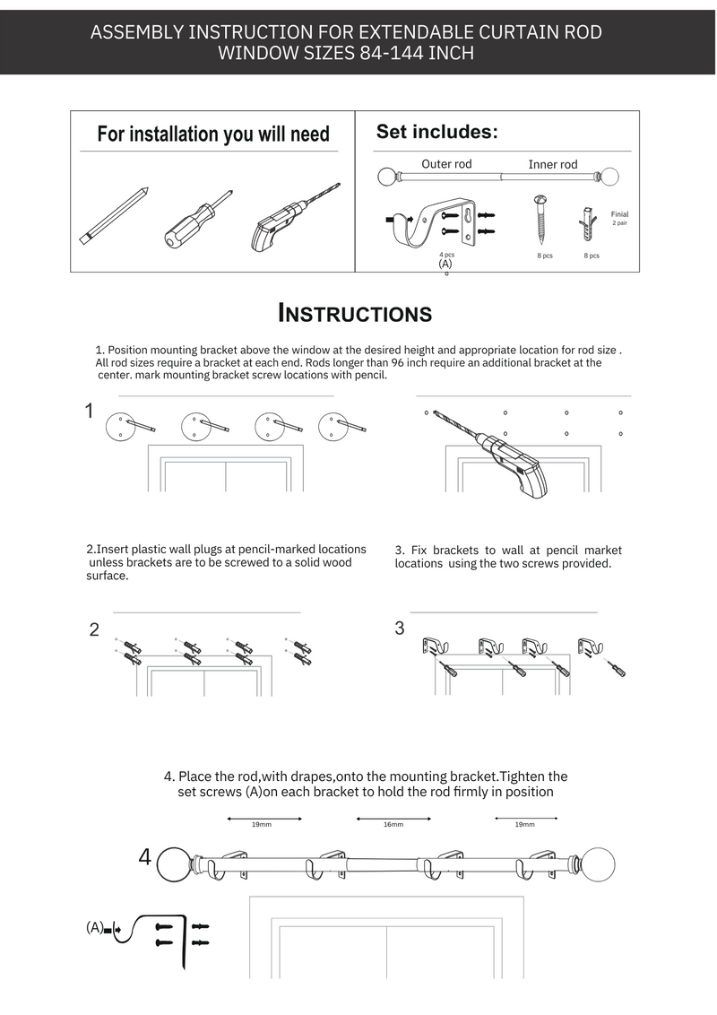 WHITE MATTE FINIAL EXTENDABLE CURTAIN ROD WHITE 19MM (HARDWARE INCLUDED)