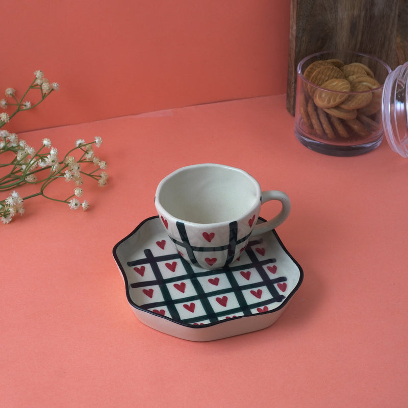 Checked Heart Ceramic Tea Cup and Saucer
