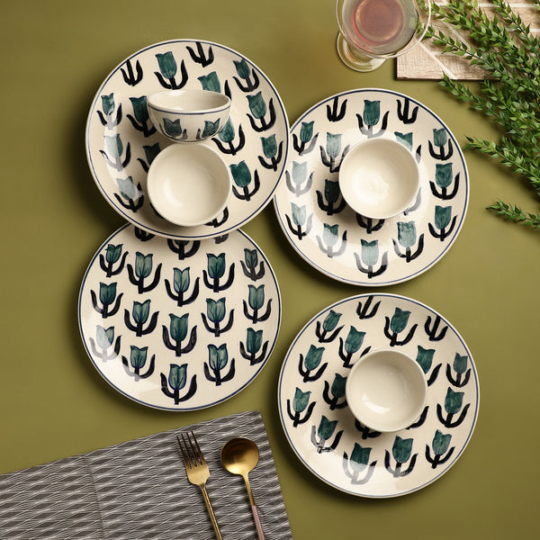 Ceramic Green Tulip dinner Plates with Bowls- Set Of 4