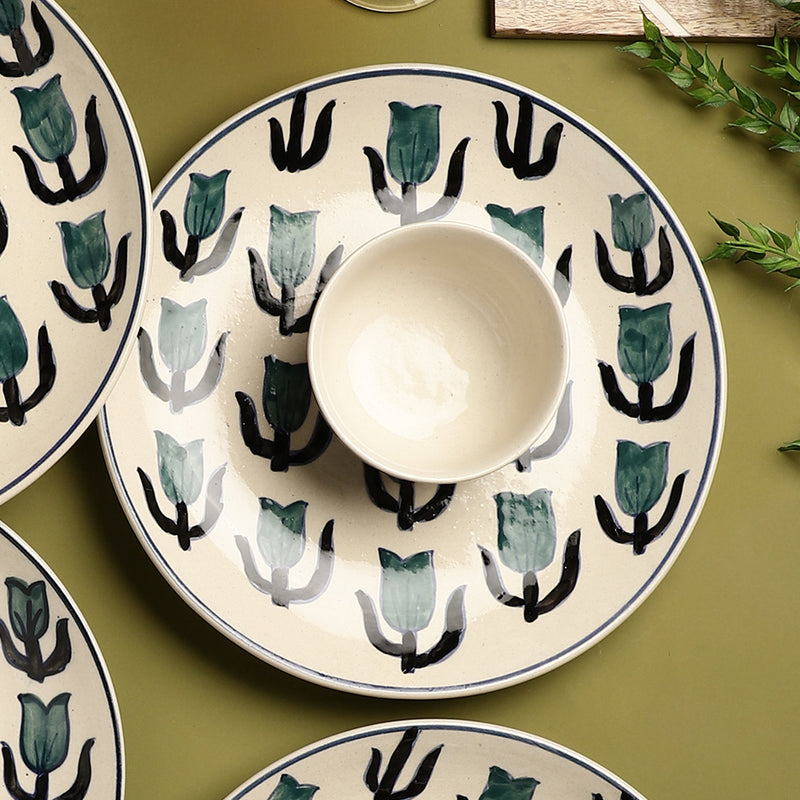 Ceramic Green Tulip dinner Plates with Bowls- Set Of 4