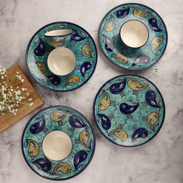 Ceramic Whimsical Birds Dinner Plates With Bowls- Set Of 4