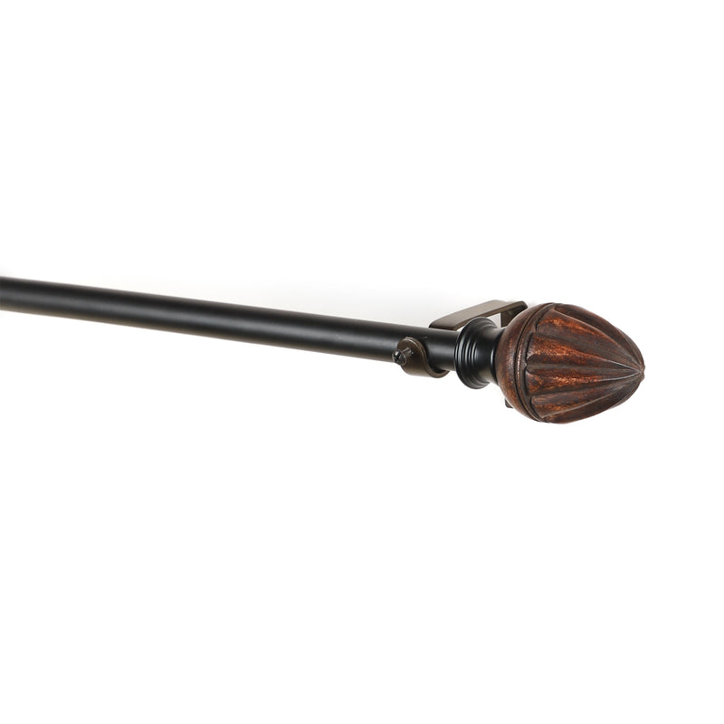 Brown Tusky Wood Finial Extendable Curtain Rod Black 19MM (Hardware Included)