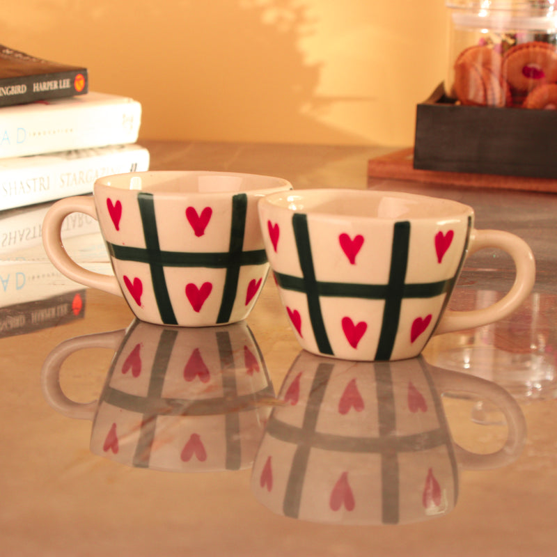 Checked Heart Ceramic Coffee Mug- Set of 2