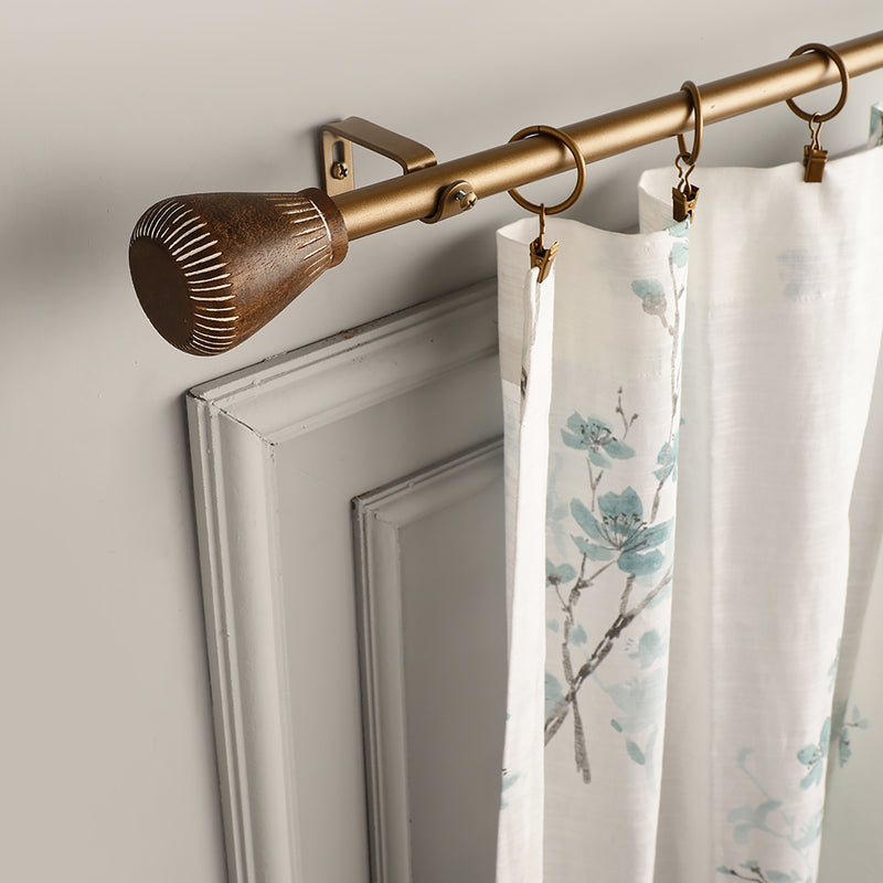 Tapered Natural Wooden Finial Extendable Single Curtain Rod Gold 19MM (Hardware Included)