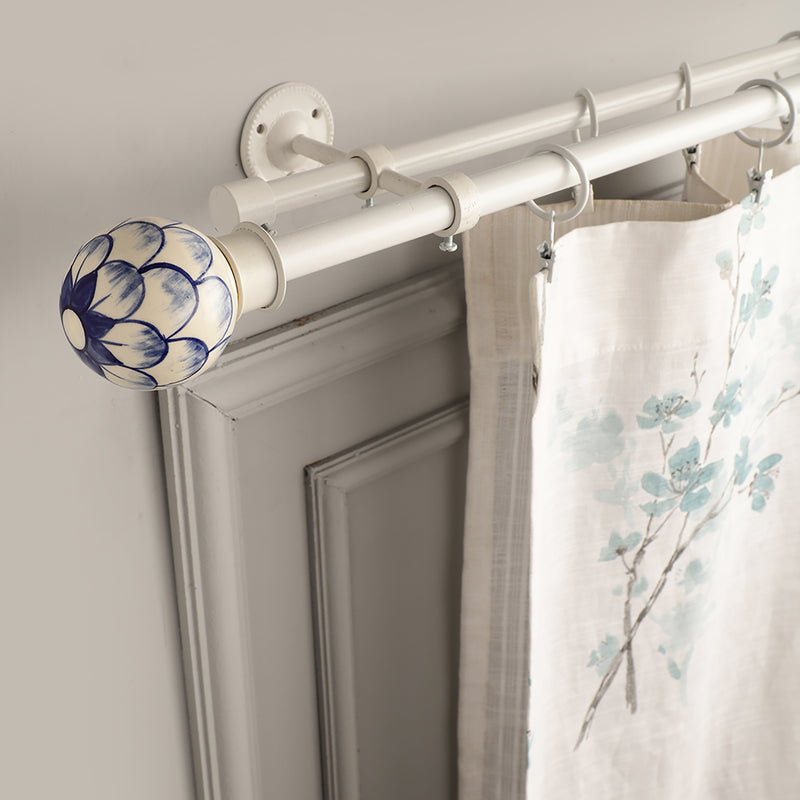 Blue Pottery Finial Extendable Double Curtain Rod White 19MM (Hardware Included)