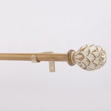 Distressed White Carved Wood Finial Extendable Curtain Rod Gold 19MM (Hardware Included)