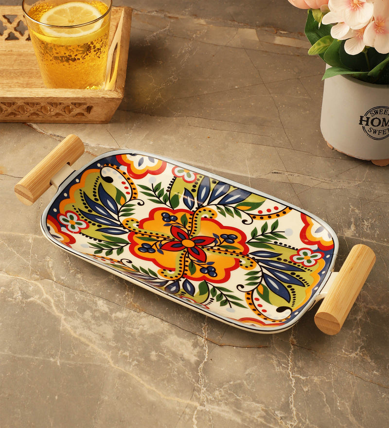Ceramic with wooden handle Bloom Platter- Red