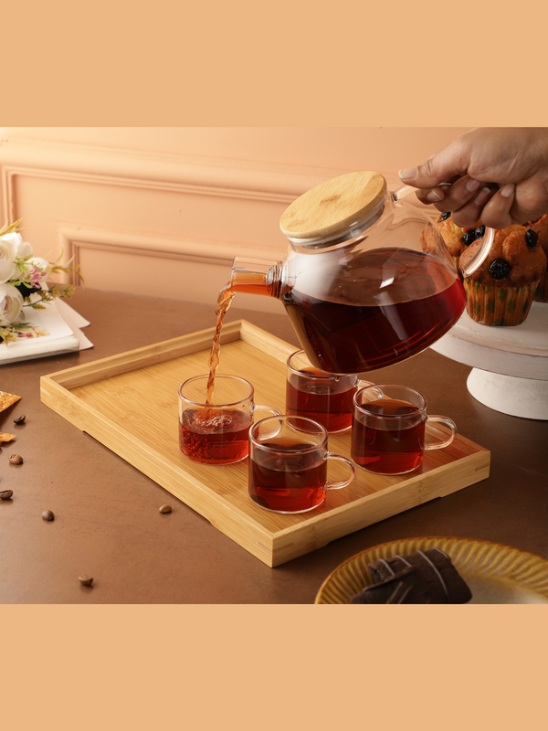 Wooden and Glass Contemporary Tea- Set Of 4 Cups And 1 Kettle With Tray