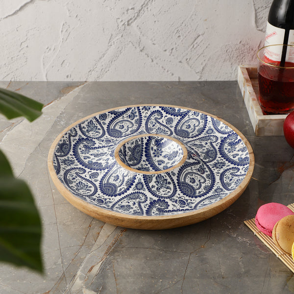 Wooden Circular Dip Bowl Platter - Royal Blue Paisley