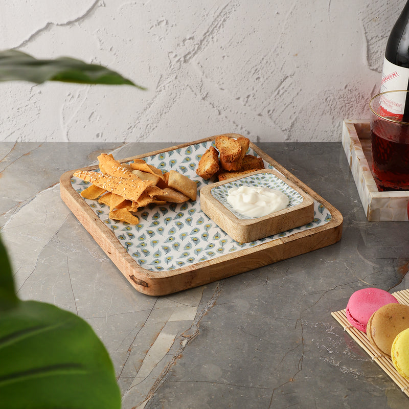 Wooden Square Dip Bowl Platter- White Peacock