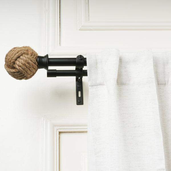 Jute Spool Finial Extendable Double Curtain Rod Black 19MM (Hardware Included)