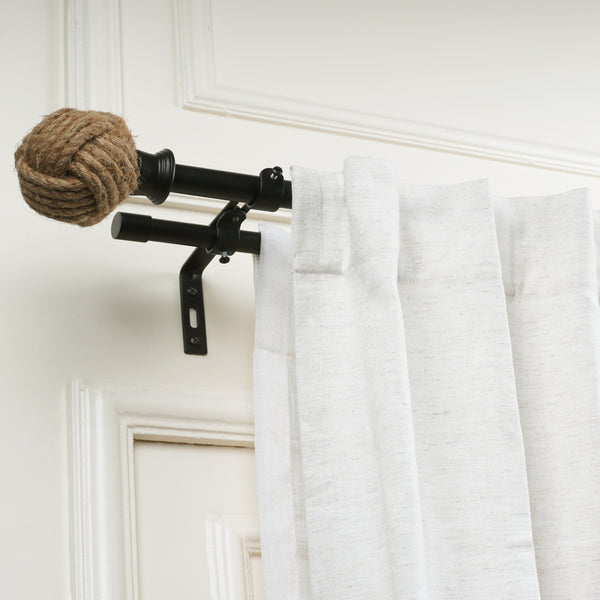 Jute Spool Finial Extendable Double Curtain Rod Black 19MM (Hardware Included)