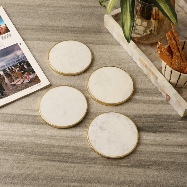 Gold Rim Marble Coaster- White (Set of 4)