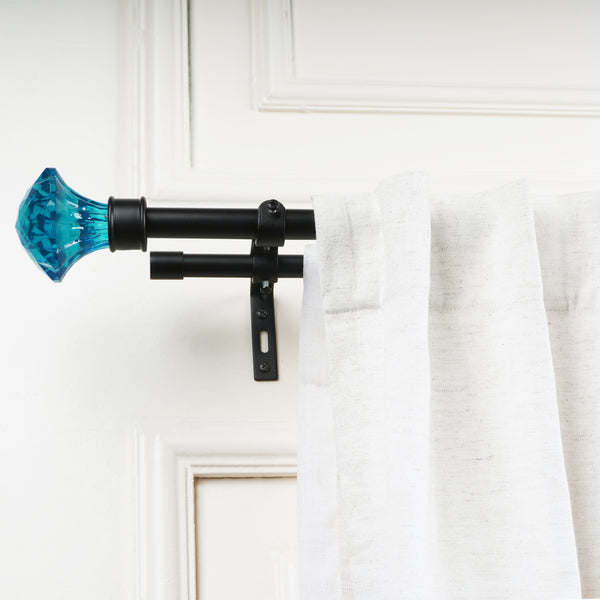 Blue Bloom Finial Extendable Double Curtain Rod Black 19MM (Hardware Included)