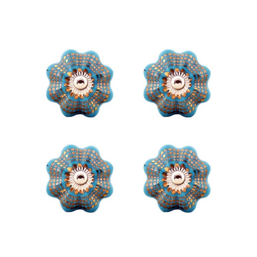 Blue Gold Ceramic Decorative Knobs - Set Of 4