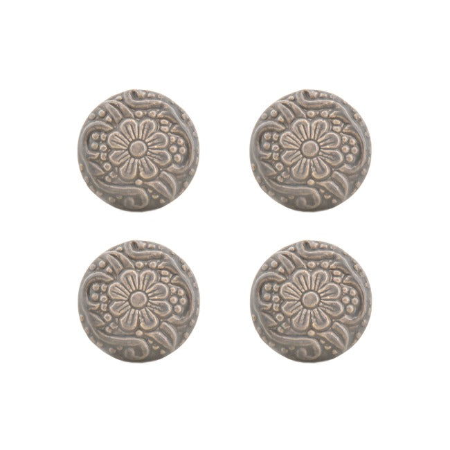 Grey Carved Floral Drawer Knob- Set Of 4