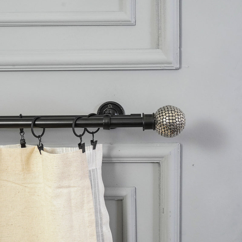 Silver Stud Ball Extendable Double Curtain Rod Black 19MM (Hardware Included)