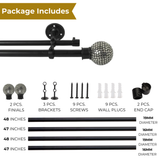 Silver Stud Ball Extendable Double Curtain Rod Black 19MM (Hardware Included)