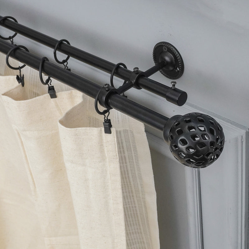 Perforated Black Metal Finial Extendable Double Curtain Rod Black 19MM (Hardware Included)