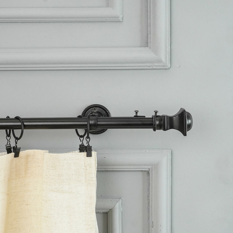 Metal Half Round Finial Extendable Double Curtain Rod Black 19MM (Hardware Included)