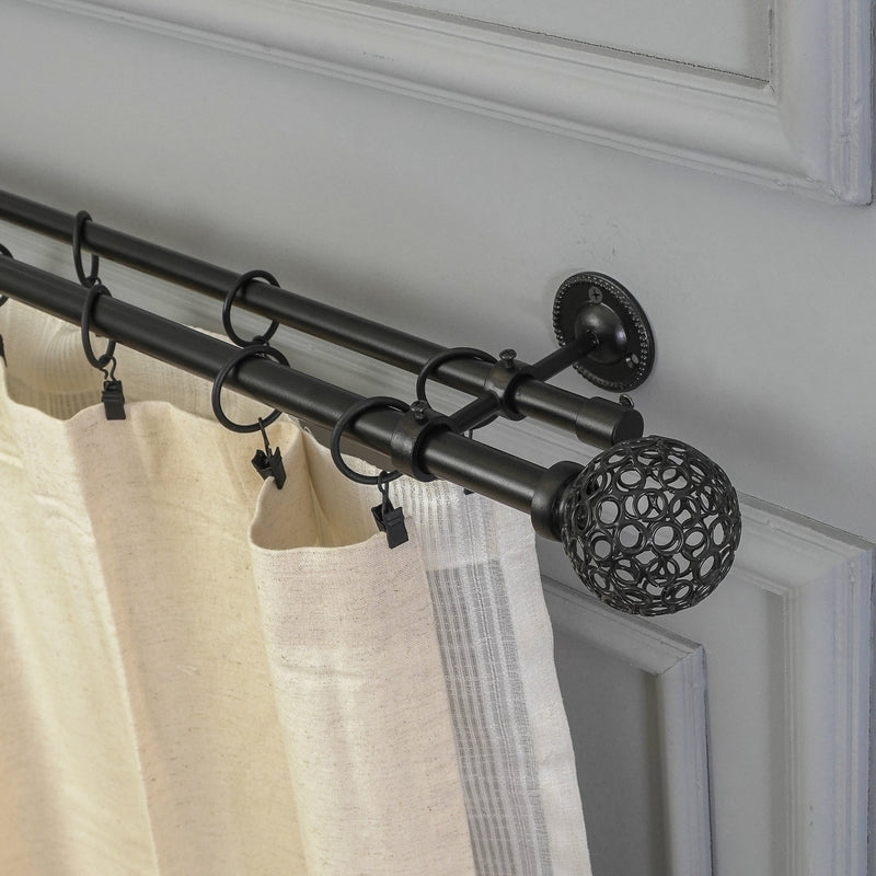 Ventilia Metal Finial Extendable Double Curtain Rod Black 19MM (Hardware Included)