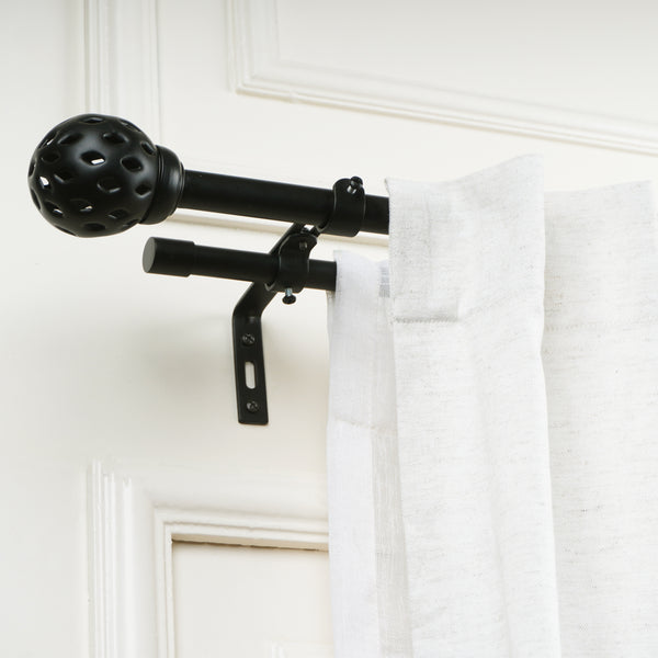 Perforated Black Metal Finial Extendable Double Curtain Rod Black 19MM (Hardware Included)