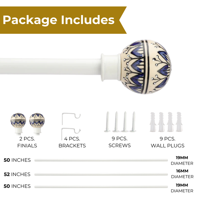 Handpainted Botanic Ceramic Finial Extendable Curtain Rod White 19MM (Hardware Included)