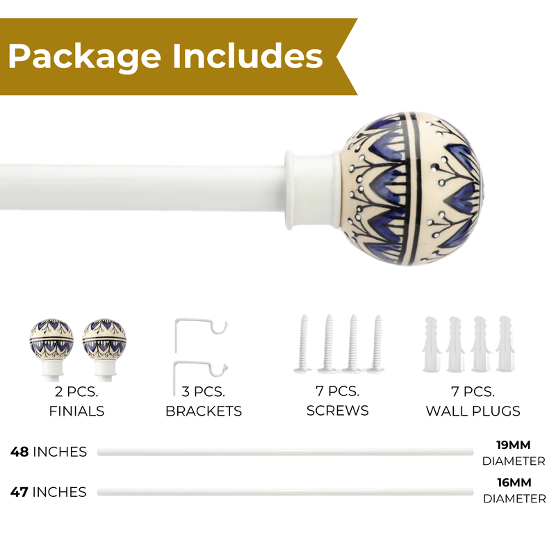 Handpainted Botanic Ceramic Finial Extendable Curtain Rod White 19MM (Hardware Included)