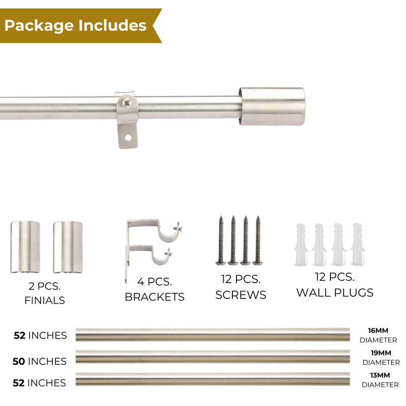 SS Cylinder Finial Extendable Curtain Rod SS 19MM (Hardware Included)