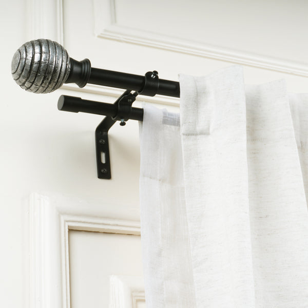 Engraved Metal Finial Extendable Double Curtain Rod Black 19MM (Hardware Included)