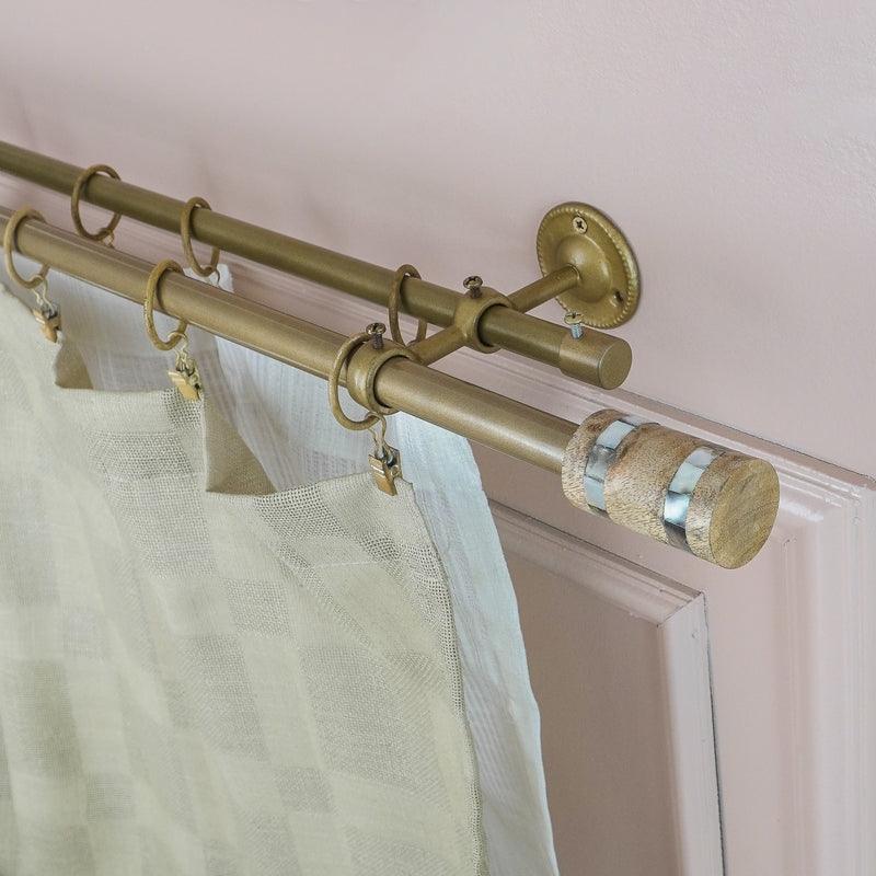 MOP & Wood Blend Finial Extendable Double Curtain Rod Golden 19MM (Hardware Included)