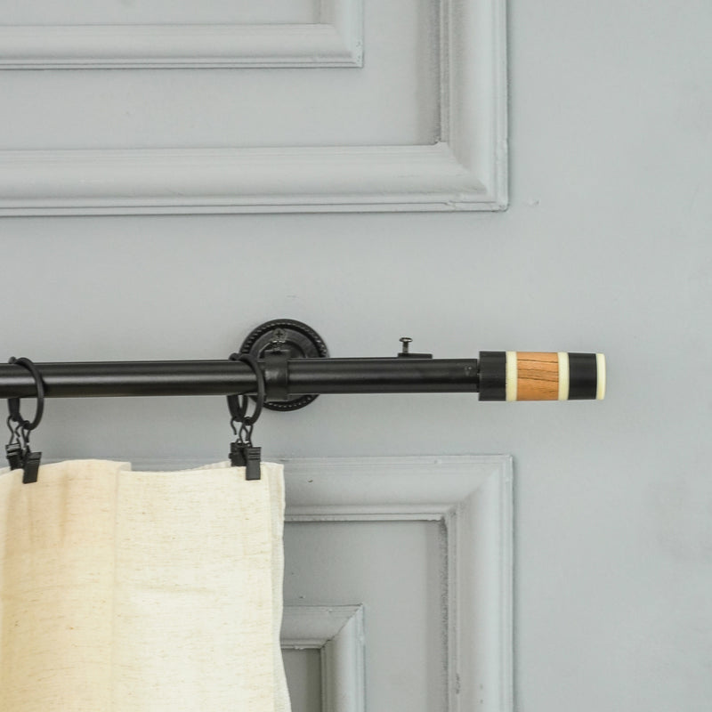 BW Wood Finial Extendable Double Curtain Rod Black 19MM (Hardware Included)