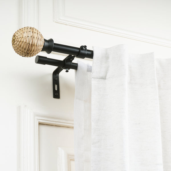 Wicker Weave Finial Extendable Double Curtain Rod Black 19MM (Hardware Included)