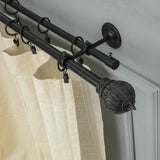 Conch Wood Finial Extendable Double Curtain Rod Black 19MM (Hardware Included)