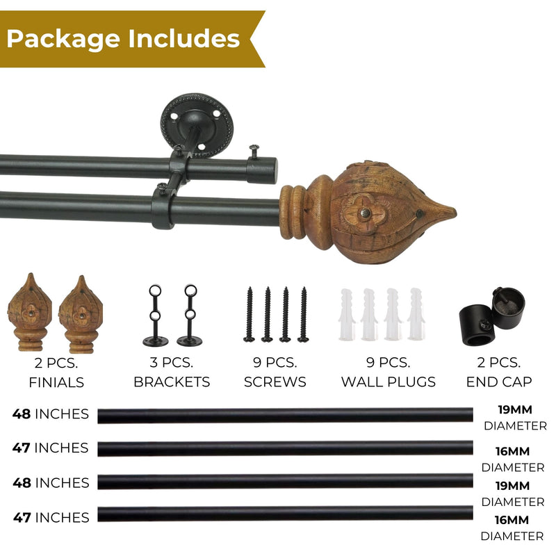 Brown Conch Wood Finial Extendable Double Curtain Rod Black 19MM (Hardware Included)