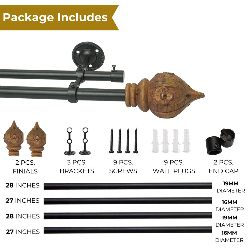 Brown Conch Wood Finial Extendable Double Curtain Rod Black 19MM (Hardware Included)