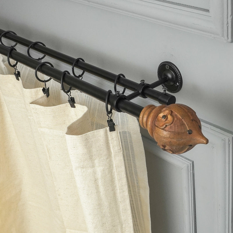 Brown Conch Wood Finial Extendable Double Curtain Rod Black 19MM (Hardware Included)