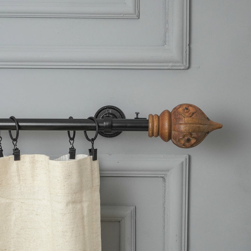 Brown Conch Wood Finial Extendable Double Curtain Rod Black 19MM (Hardware Included)